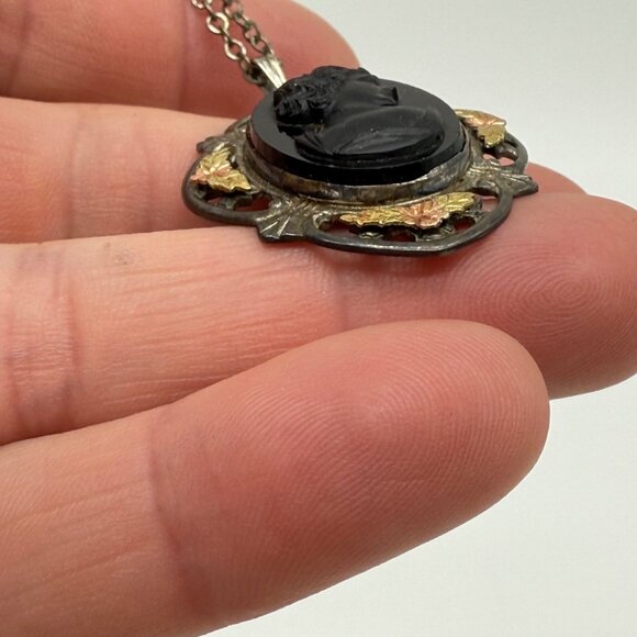 Vtg LS Peterson Mourning Pendant Sterling 14k Yellow Rose Gold Black Necklace - Picture 7 of 13